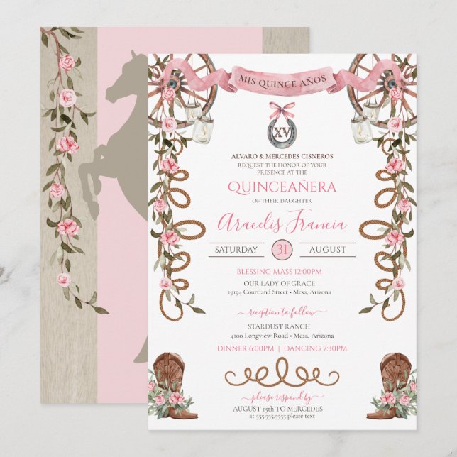 Pink Rustic Boho Western Charra Theme Quinceanera  Invitation (Front/Back)