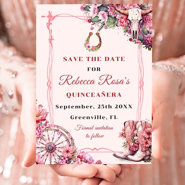 Pink Rustic Boho Western Charra Theme Quinceanera Save The Date (Creator Uploaded)