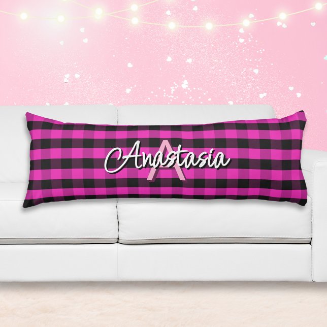 Pink Rustic Buffalo Check Plaid Monogrammed Body Pillow (A monogrammed body pillow with pink and black buffalo check pattern)