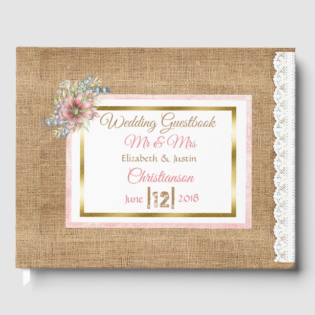PInk Rustic Burlap Floral Wedding Book (Front)