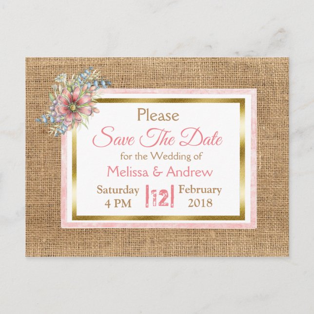 PInk Rustic Burlap Floral Wedding Save the Date Announcement Postcard (Front)