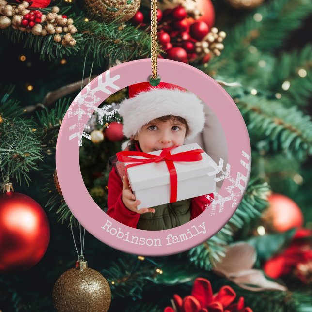 Pink Rustic Circle Photo Snowflakes Ceramic Ornament (Rustic snowflake family holiday keepsake photo ornament perfect for gifts to bring joy to others.)