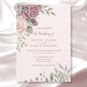 Pink Rustic Dusty Rose Watercolor Flowers  Invitation