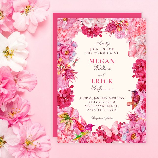 Pink rustic floral blooms wedding invitation (Creator Uploaded)