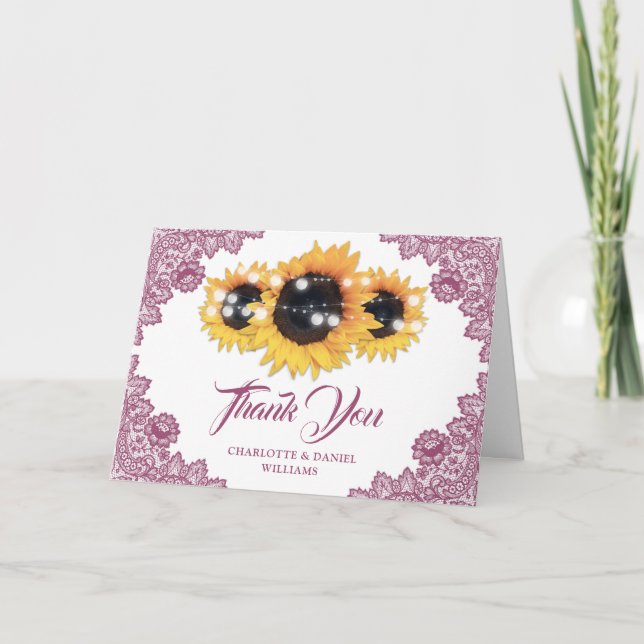 Pink Rustic Floral Lace Sunflower Wedding Thank You Card (Front)