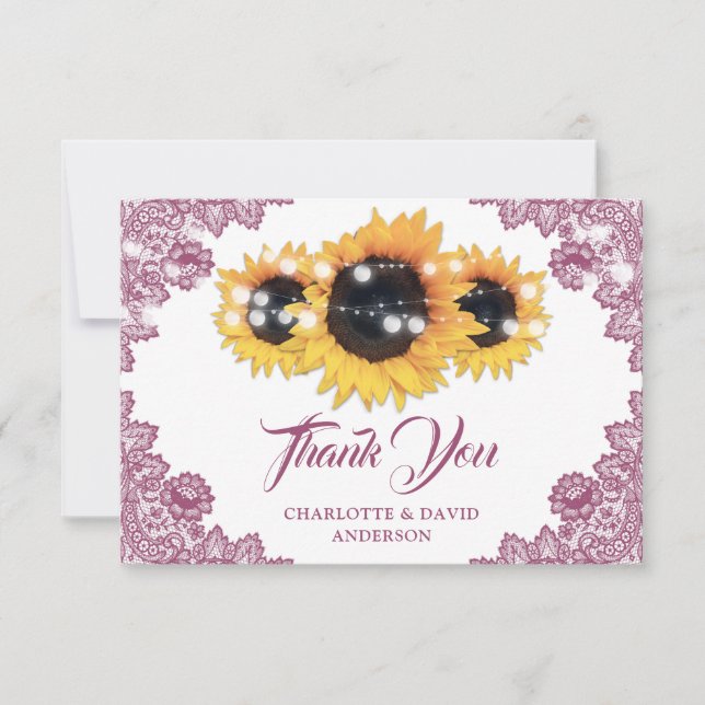 Pink Rustic Floral Lace Sunflower Wedding Thank You Card (Front)