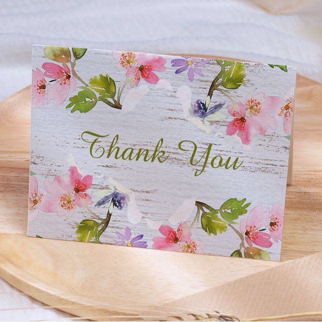 Pink Rustic Florals on White Wood Thank You Card (Creator Uploaded)