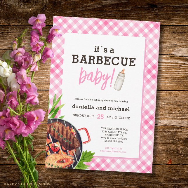 Pink Rustic Gingham Barbecue Baby Shower Invitation (Front of the invitation is shown in 5x7-inch. Choose size, paper, and corner style.)