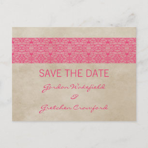 Pink Rustic Lace Save the Date Postcard
