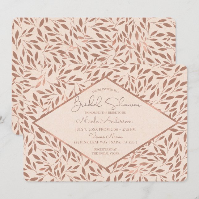 Pink Rustic Leaves Botanical Glam Bridal Shower Invitation (Front/Back)
