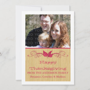 Pink Rustic Leaves Thanksgiving Photo Flat Card