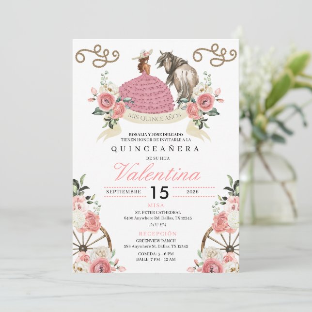 Pink Rustic Mariachi Cowgirl Western Quinceañera Invitation (Standing Front)