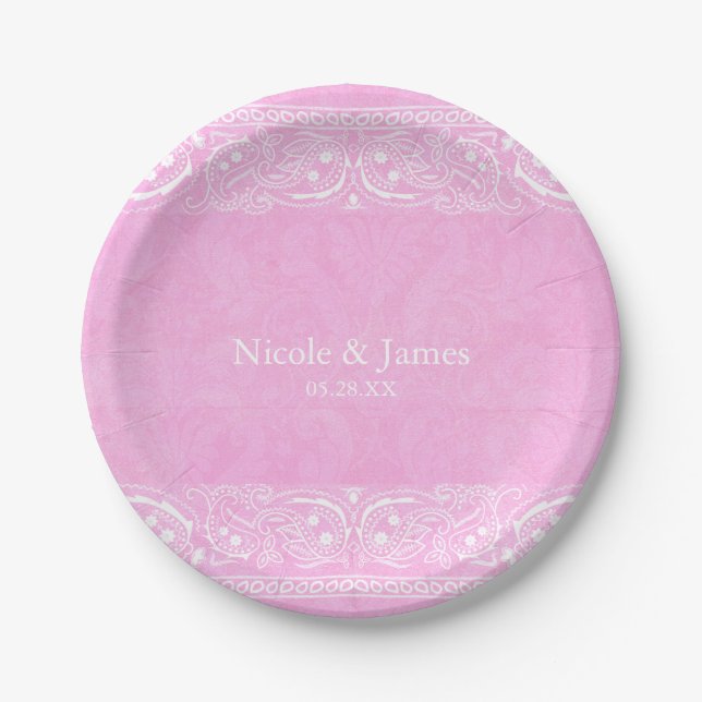 Pink Rustic Paisley Country Western Wedding Paper Plate (Front)