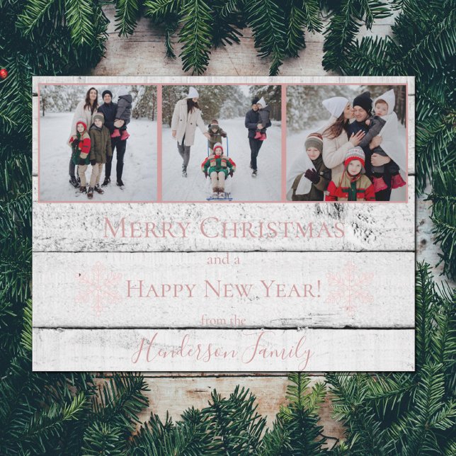 Pink Rustic Snowflakes Plat Holiday Carte photo (Pink Rustic Snowflakes Holiday Photo Card)