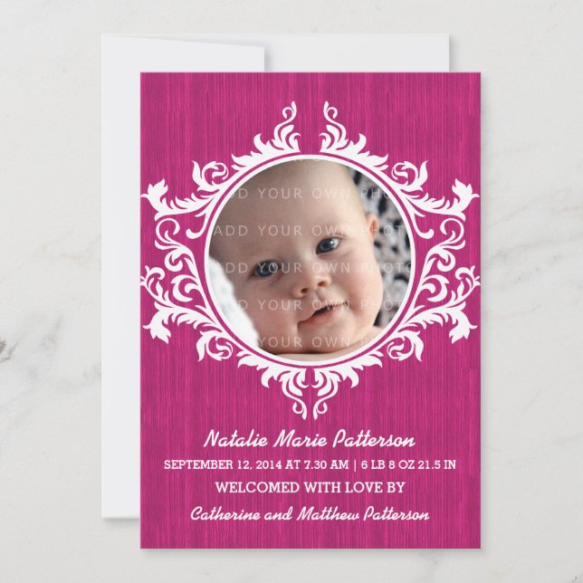 Pink Rustic Swirls Baby Announcement (Front)