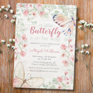 Pink Rustic Watercolor Butterfly Girl Baby Shower Invitation