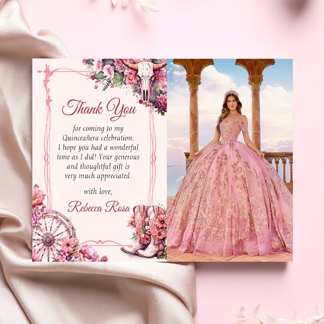 Pink Rustic Western Quinceanera Thank You Card  (Creator Uploaded)