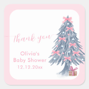 Pink rustic Winter Bow Christmas Tree Baby Shower  Square Sticker