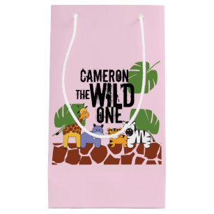Pink Safari Animal illustrations Wild One Birthday Small Gift Bag