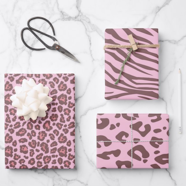 Pink Safari Animal Leopard Print Wrapping Paper Sheet (Front)