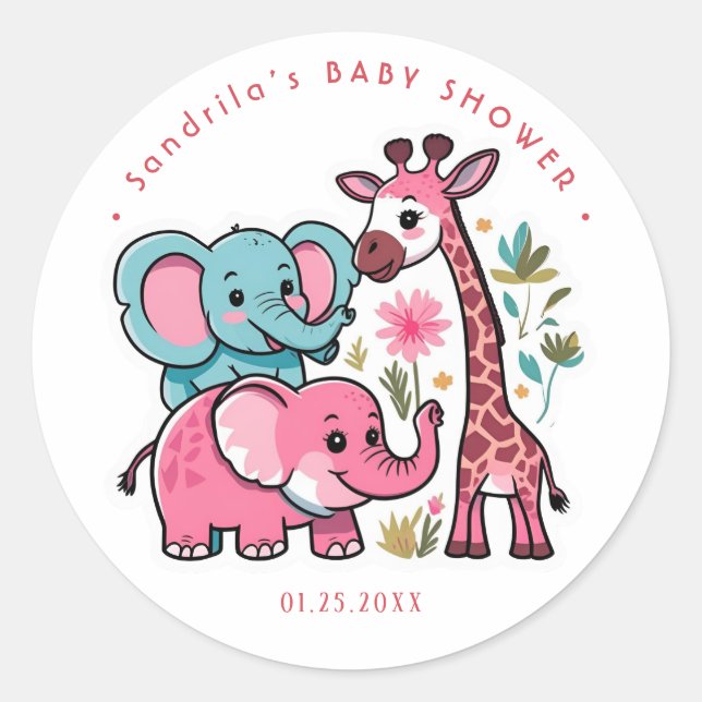 Pink Safari Animals Theme Girl Birthday Party  Classic Round Sticker (Front)