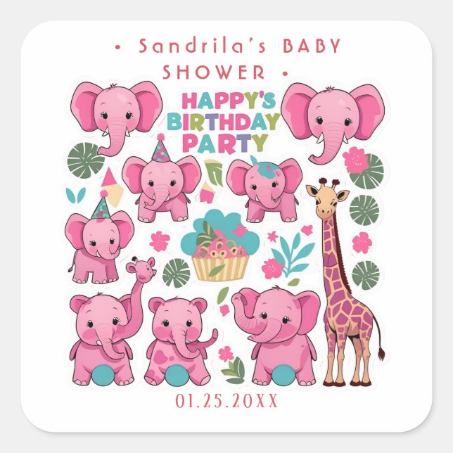 Pink Safari Animals Theme Girl Birthday Party  Square Sticker (Front)