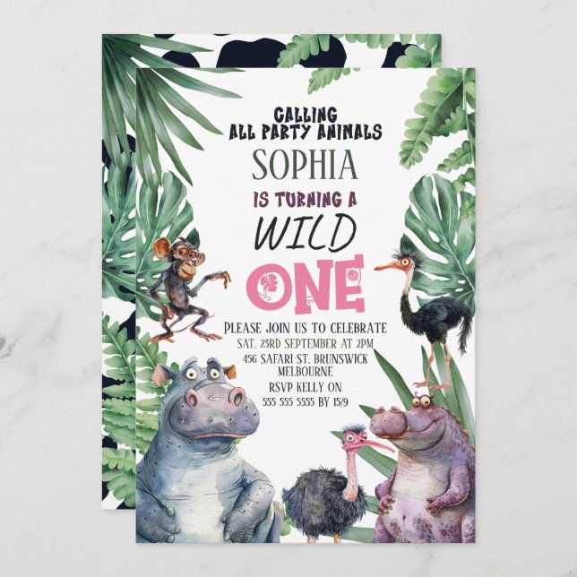 Pink Safari Animals Wild One 1st Birthday Invitation (Front/Back)