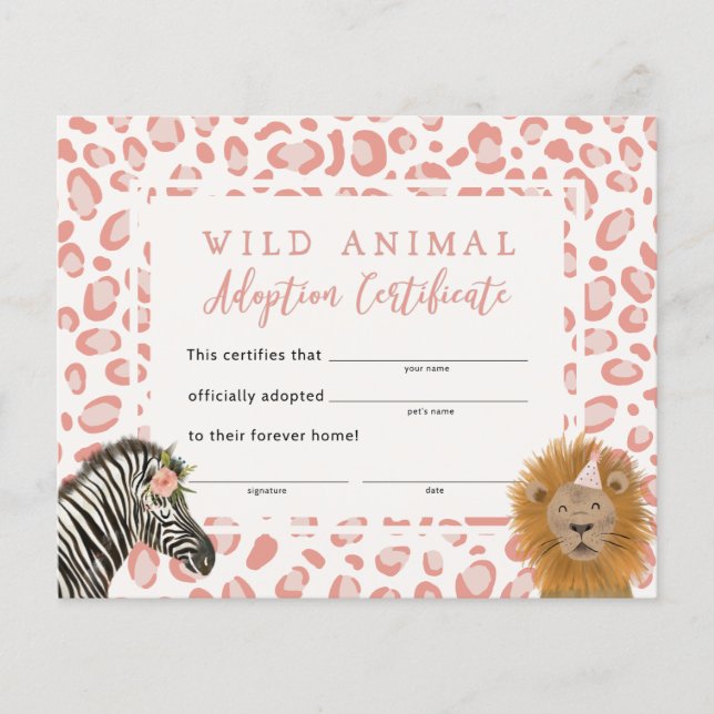 Pink Safari Birthday Party Adoption Certificate (Front)