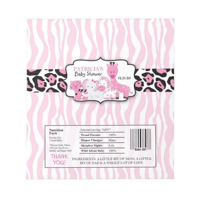 Pink Safari Chocolate Candy Bar Wrappers Notepad (Front)