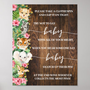 Pink Safari Don't Say Baby Clothespin Shower Game Poster