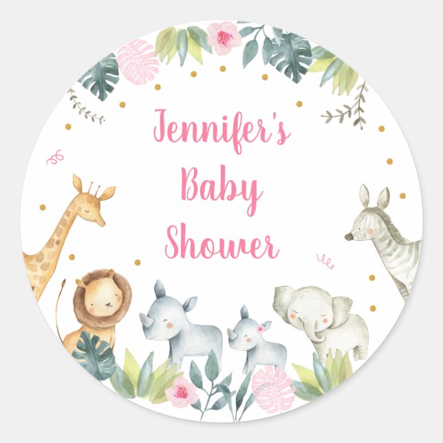 Pink Safari Jungle Baby Shower Classic Round Sticker (Front)