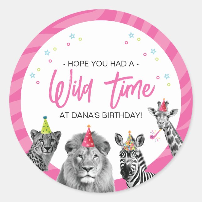 Pink Safari Jungle Calling all animals Birthday Classic Round Sticker (Front)
