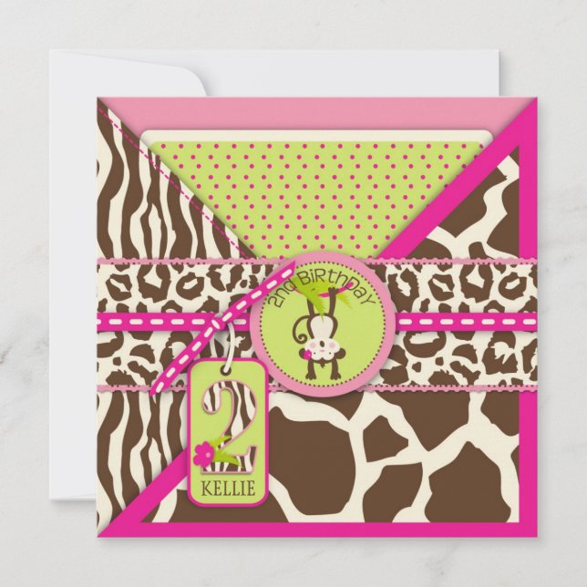 Pink Safari Jungle Monkey Second Birthday Invitation (Front)