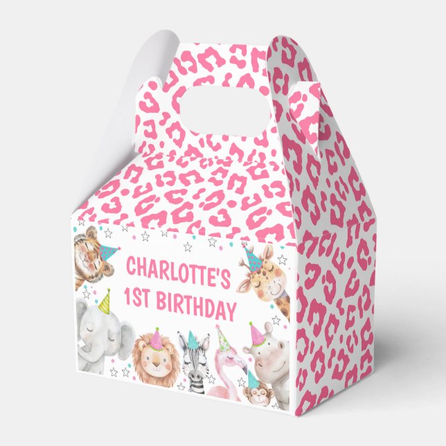 Pink Safari Party Animals Birthday Party Favor Box (Front Side)