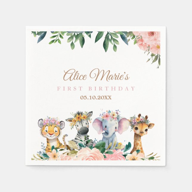 Pink Safari Theme Birthday Party Napkin (Front)