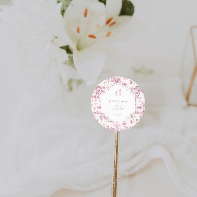 Pink Safari Toile de Jouy | Baby Shower Classic Round Sticker (Creator Uploaded)
