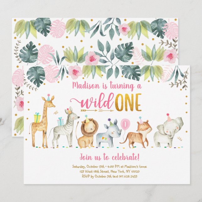 Pink Safari Wild One Birthday Invitation (Front/Back)