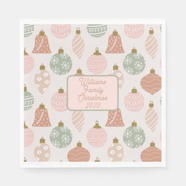 Pink Sage Boho Ornaments Personalized Christmas Napkin (Front)