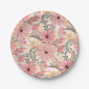 Pink Sage Green Floral Leaves Watercolor Pattern Paper Plate