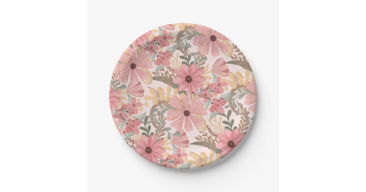 Pink Sage Green Floral Leaves Watercolor Pattern Paper Plate | Zazzle