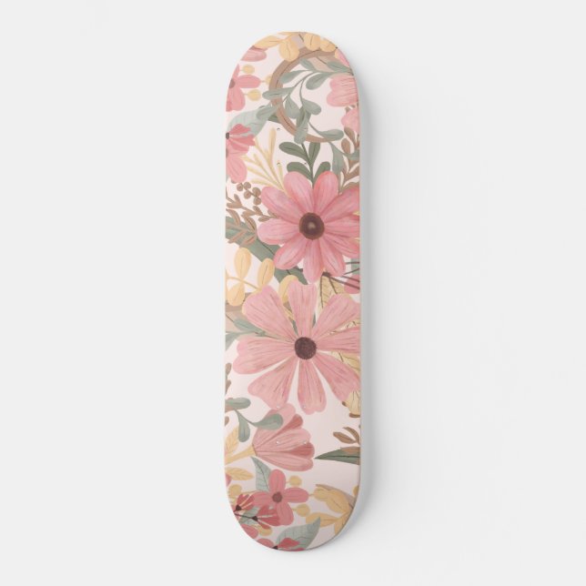 Pink Sage Green Floral Leaves Watercolor Pattern Skateboard (Front)