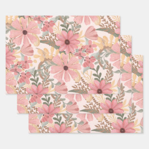 Pink Sage Green Floral Leaves Watercolor Pattern Wrapping Paper Sheet