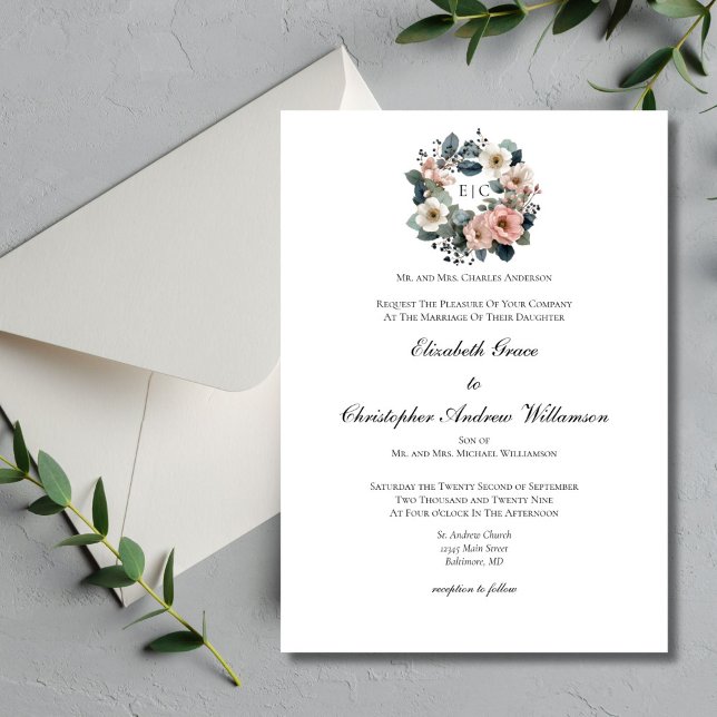 Pink Sage Green Floral Monogram Elegant Wedding Invitation (Watercolor Pink Sage Green Florals Monogram Wreath Crest Wedding Invitation. Elegant Traditional )