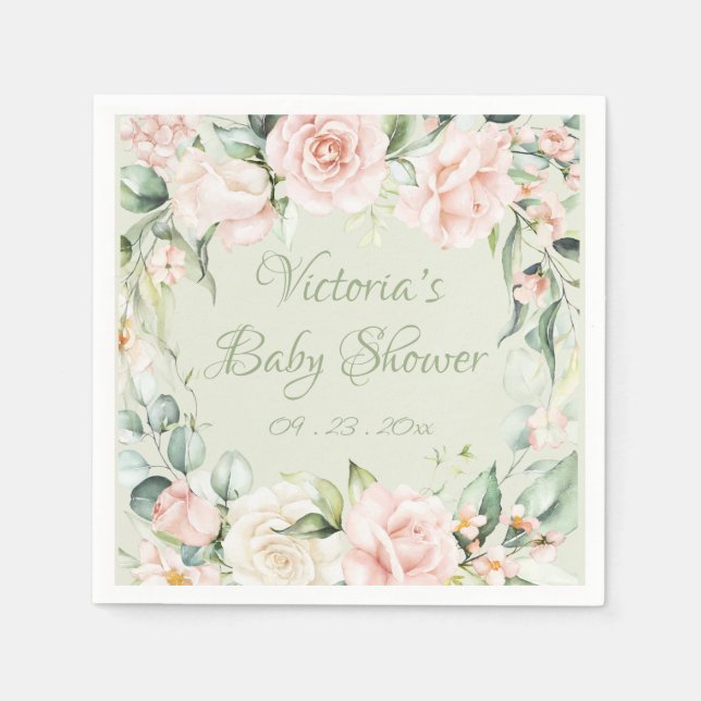 Pink Sage Green Floral Personalized Baby Shower  Napkin (Front)