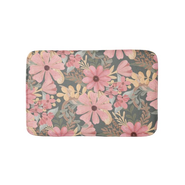 Pink Sage Green Flowers Leave Watercolor Pattern Bath Mat (Front)