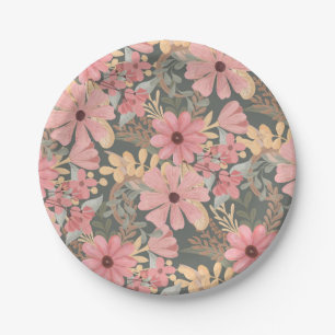 Pink Sage Green Flowers Leave Watercolor Pattern Paper Plate