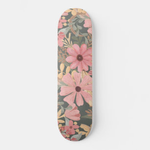 Pink Sage Green Flowers Leave Watercolor Pattern Skateboard