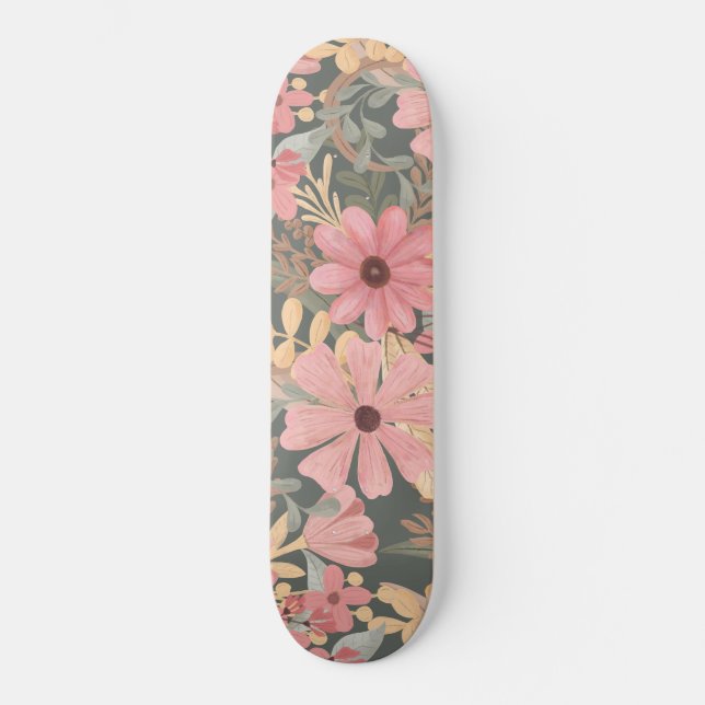Pink Sage Green Flowers Leave Watercolor Pattern Skateboard (Front)
