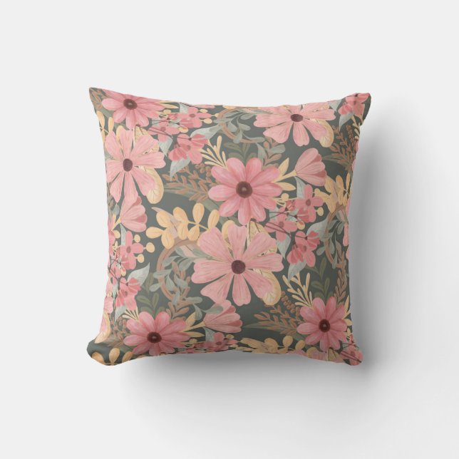 Pink Sage Green Flowers Leave Watercolor Pattern Throw Pillow (Front)