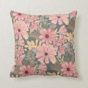 Pink Sage Green Flowers Leave Watercolor Pattern Throw Pillow